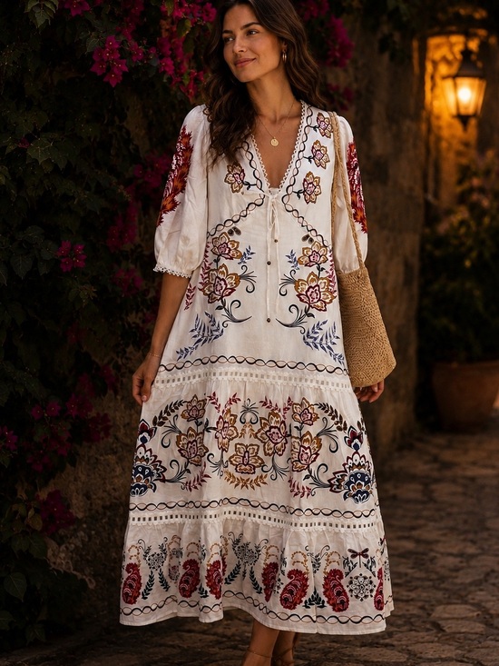 Calypso St. Barth Dresses & Skirts - Calypso St. Barth Cream Linen Maxi Dress with Multicolor Floral Embroidery